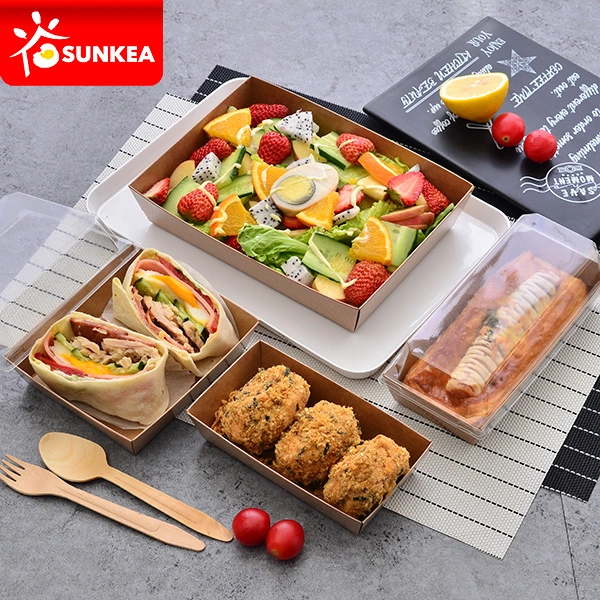 500ml 600ml Kraft Paper Box Rectangle Sandwich Cake Tray with Pet Lid Takeaway Food Package