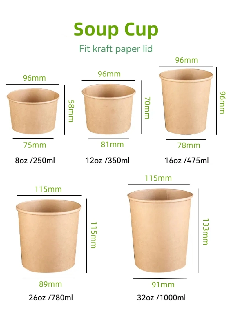 Ecofriendly Biodegradable Compostable Single Wall Cup Kraft Paper Popcorn Bucket for Hot Soup