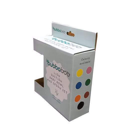 Fsc Papel ondulado impresso personalizado Produto de varejo de bambu Colher Tigela Prato Utensílio Louça Embalagem Brinquedo Embalagem Caixa de presente com janela de furo para pendurar