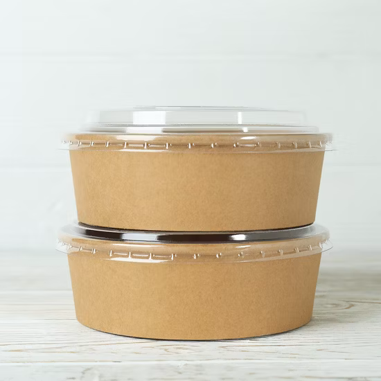 Tigela de papel Kraft redonda marrom biodegradável ecologicamente correta para levar para viagem