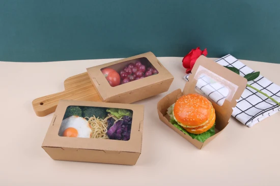 Lancheira de papel kraft descartável caixa de embalagem de comida para viagem ecológica com janela para animais de estimação