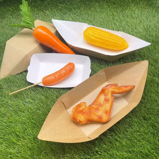 Impressão de logotipo personalizado Kraft descartável biodegradável em forma de barco Cachorro-quente Bandeja de papel reciclado para alimentos